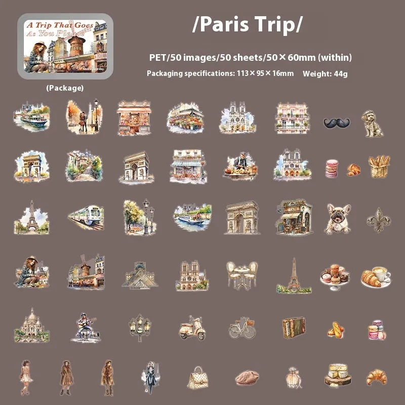 Travel Series PET stickers showing retro style design with Paris tour theme for scrapbooking