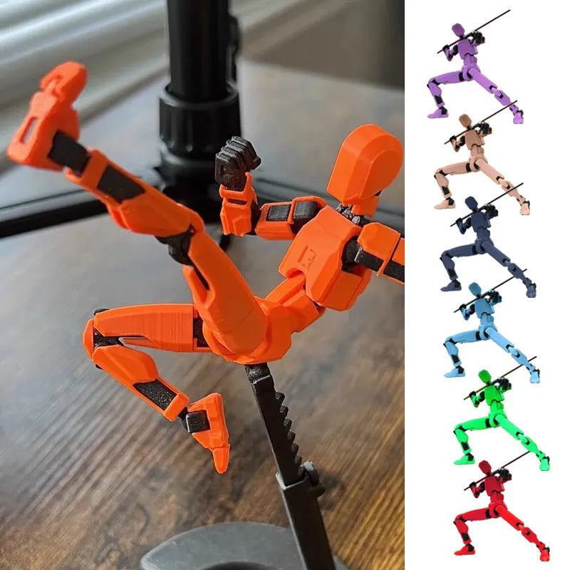 Unassembled 3D printed robot model kit with multi-jointed parts on a table