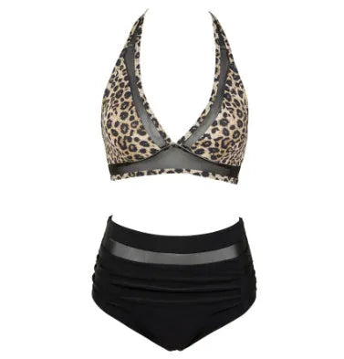 Women's polyester fibre bikini swimsuit in black, rose red, or leopard print with matching top and briefs