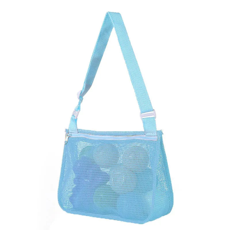 Blue nylon mesh travel storage organiser bag for children's toys and clothing, sealed, measuring 20x25x8cm.