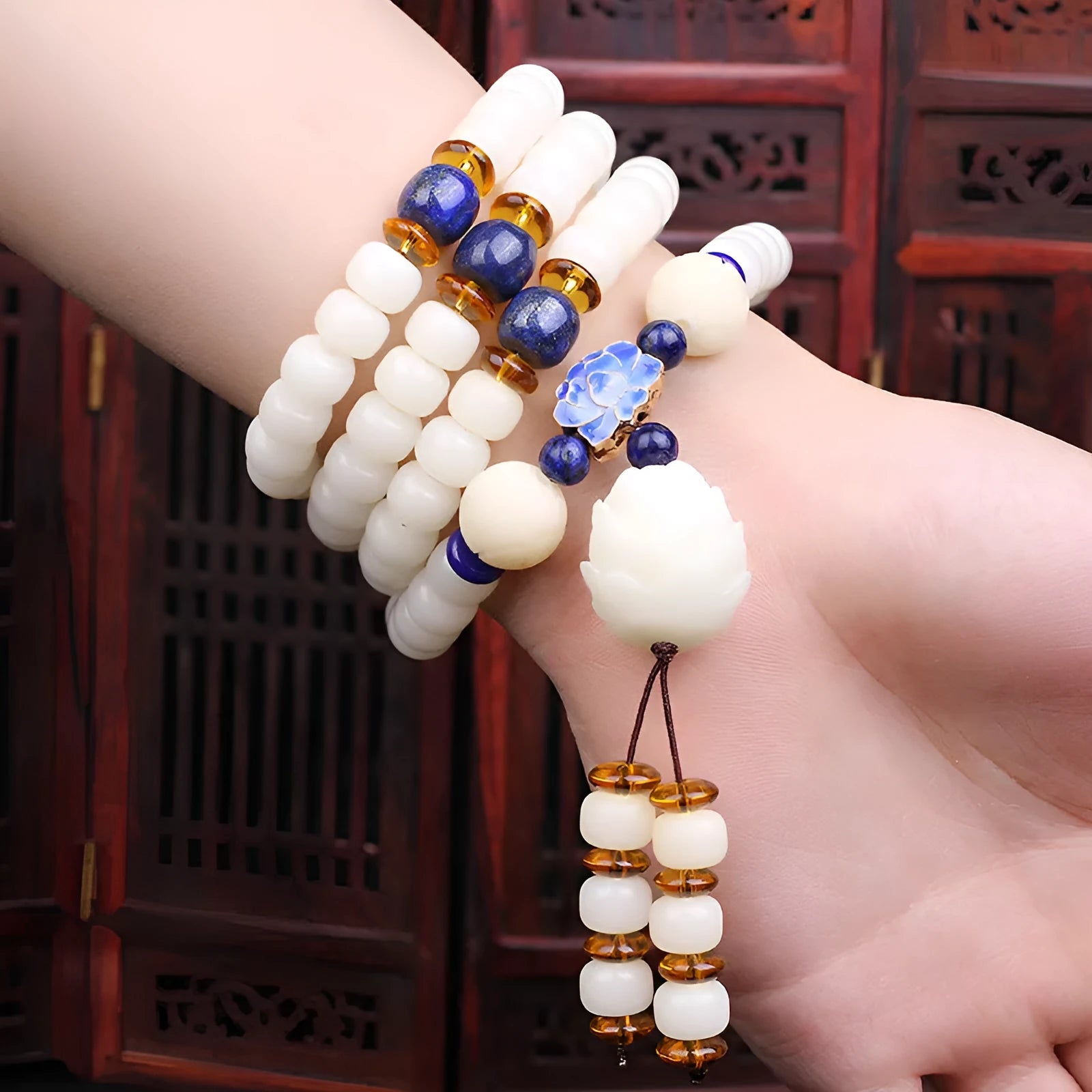 White jade bodhi bead bracelet with 6x8mm beads in traditional styles
