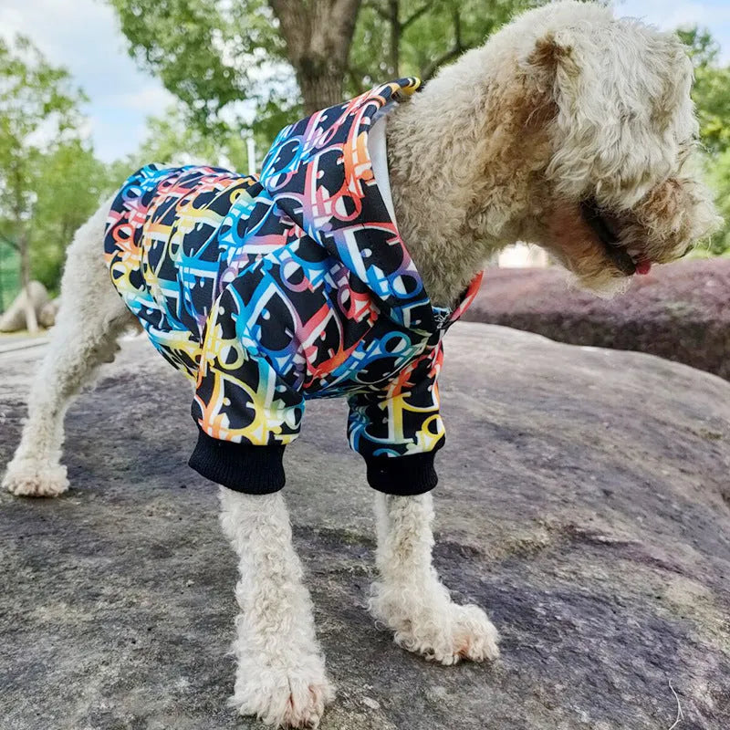 Colorful letter print polyester pet hoodie in picture colour, available in sizes XXS to FB for dogs and puppies.