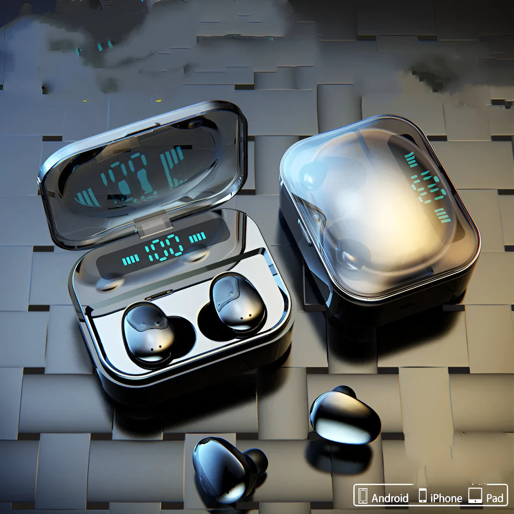 Black and white X7LED sports in-ear Bluetooth headphones with a USB charging case displayed open.