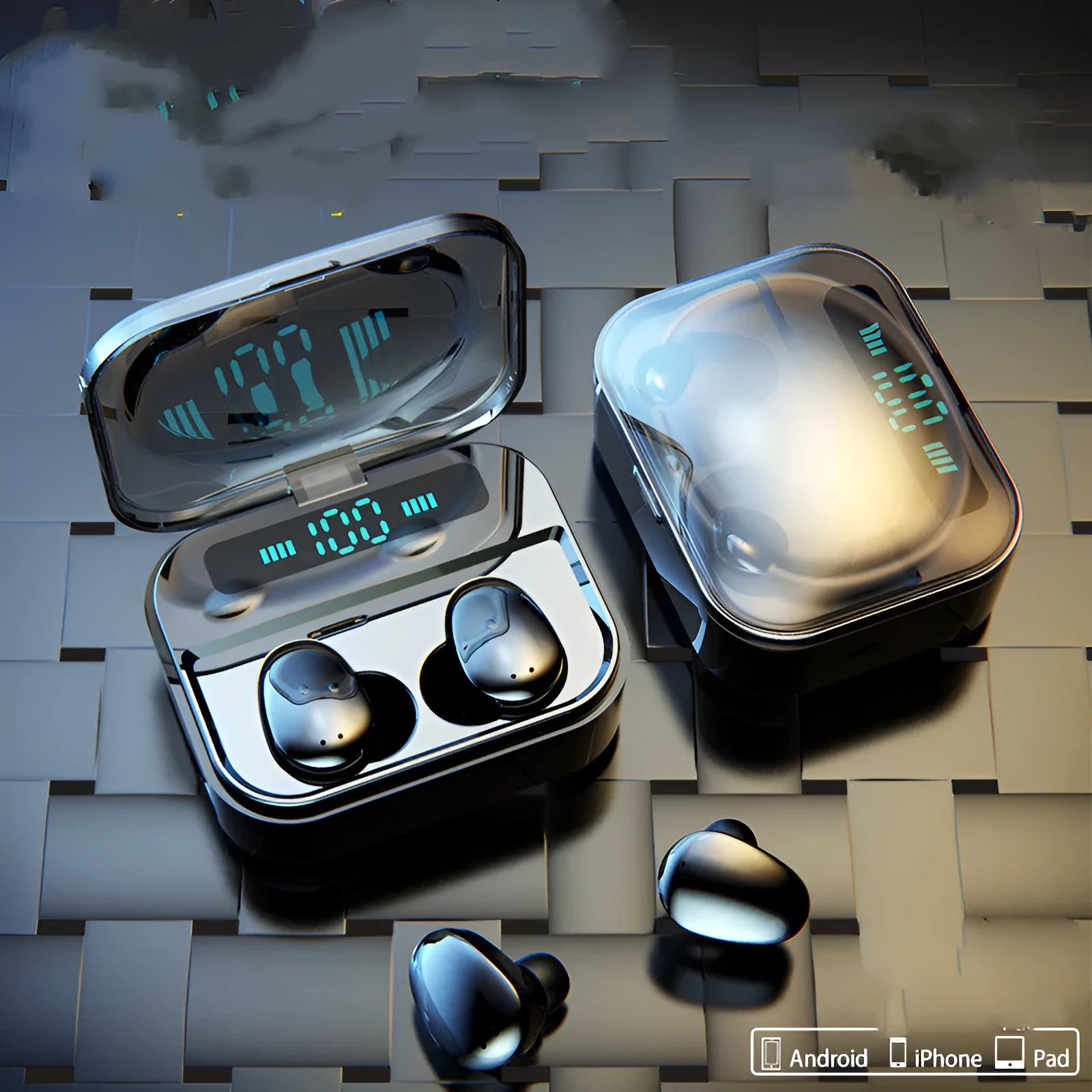 Black and white X7LED sports in-ear Bluetooth headphones with a USB charging case displayed open.