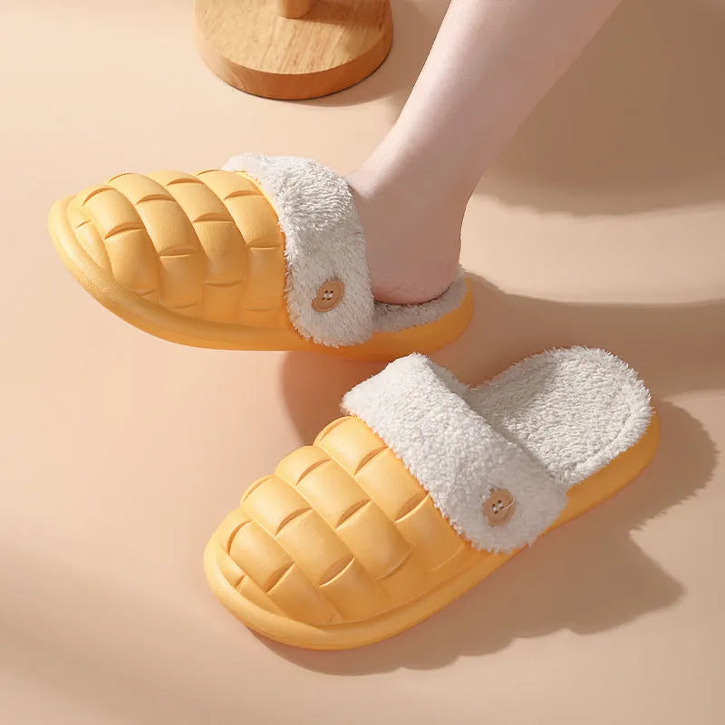 A pair of pink detachable EVA slippers with plush lining and a textured sole.
