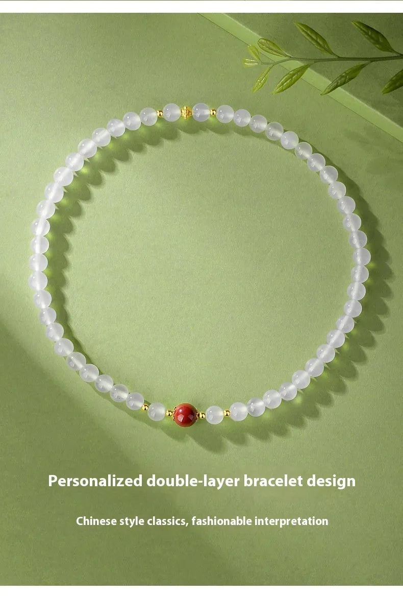 Women's double layer white agate bracelet with jequirity beans, 6mm geometry beads