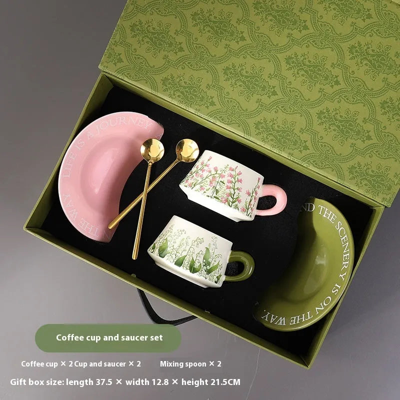 Ceramic coffee cup and saucer set with two 300ml mugs in couple designs