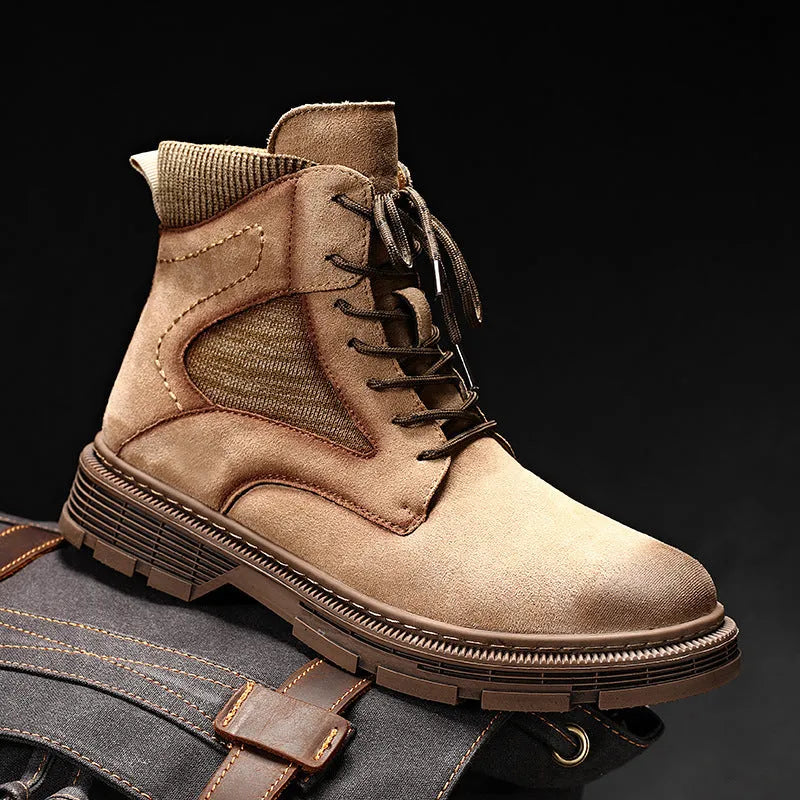 Men's vintage Martin boots in frosted microfiber leather with a round toe and low thick heel.