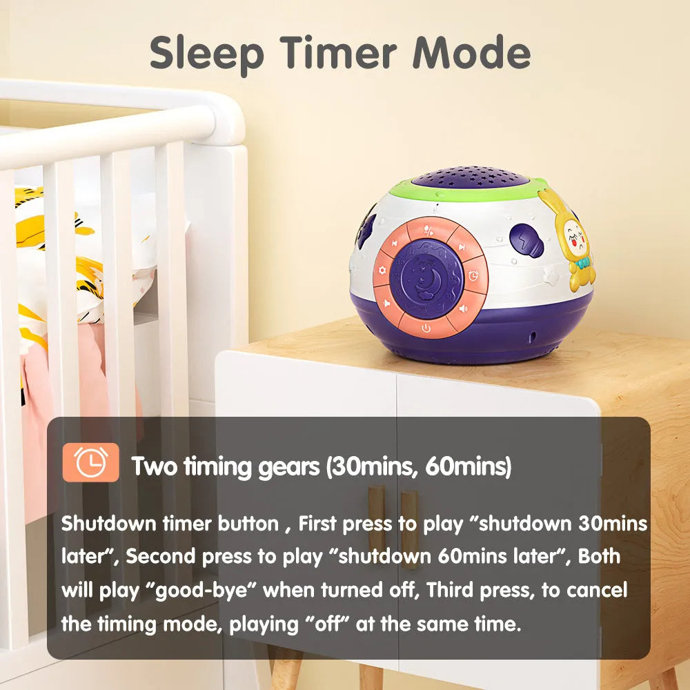 White plastic starry sky night light projector for children with control button on top.
