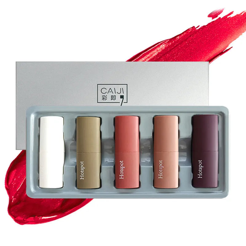 Gift box containing five velvet matte lipsticks with waterproof non-stick cup formula