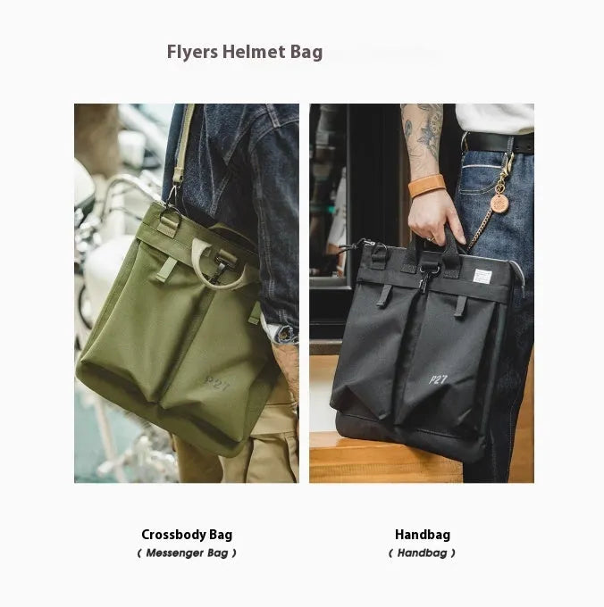 Military green canvas crossbody messenger bag with shoulder strap showing vertical square shape and zipper closure