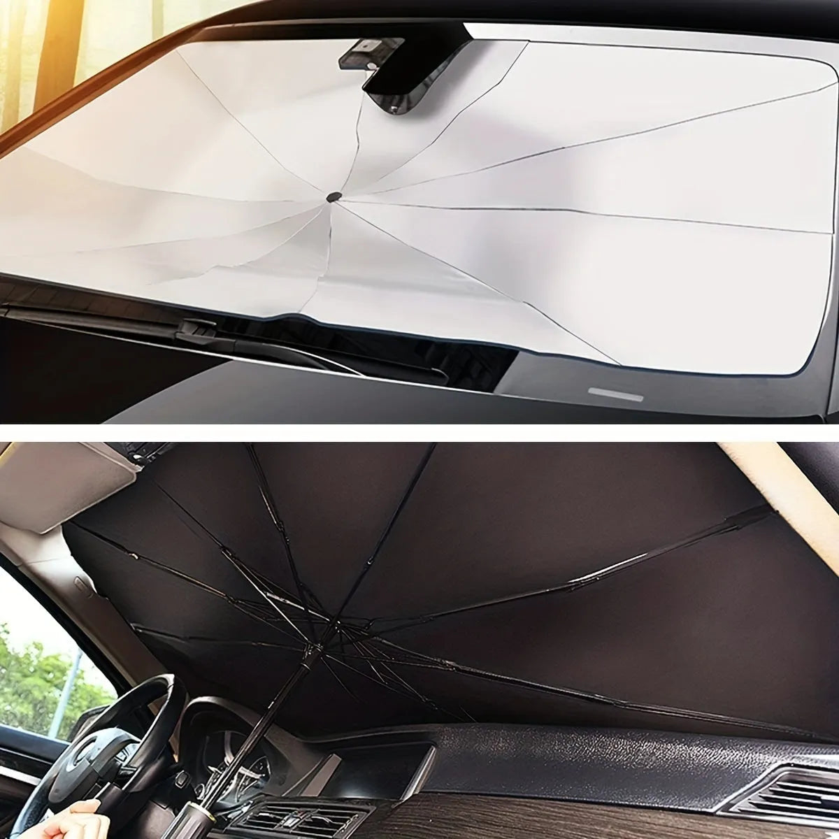Open foldable car windshield sunshade umbrella placed against a car windscreen.