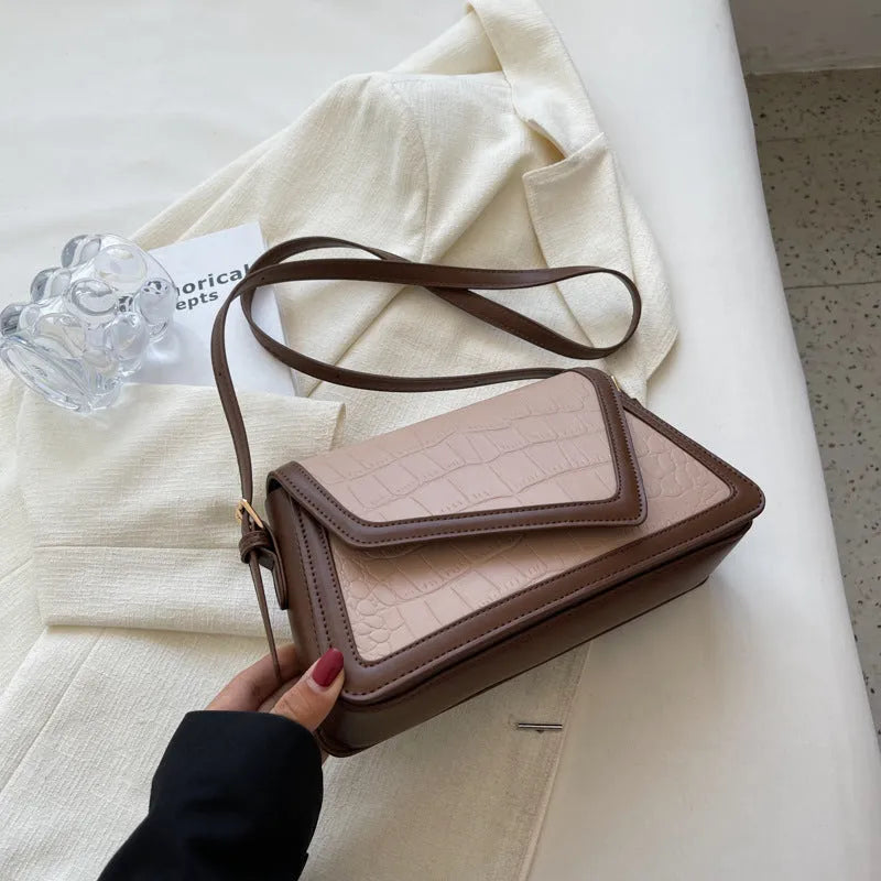Stone pattern square PU leather one-shoulder bag in black, white with black, khaki, or creamy-white.