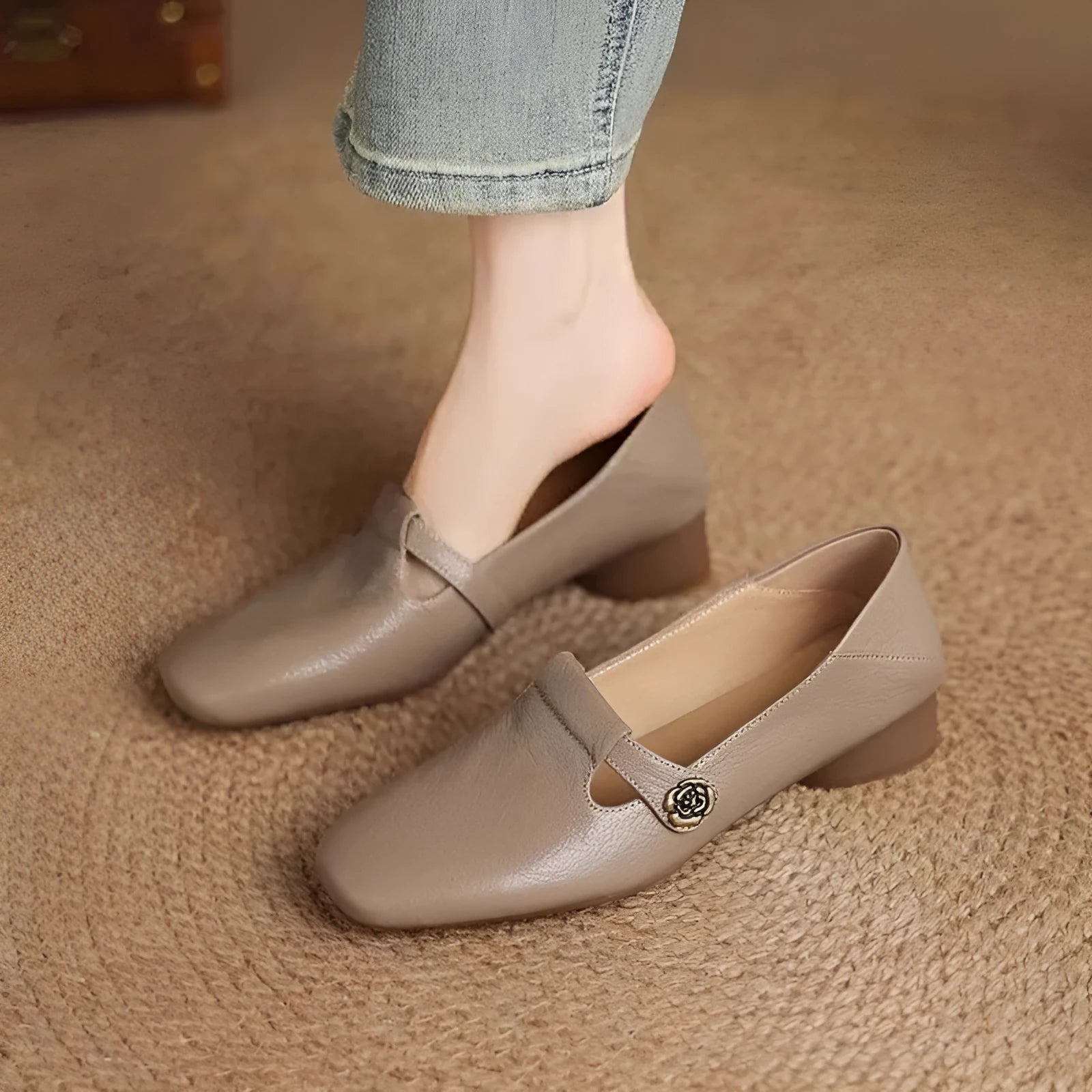 Retro square head genuine leather shallow mouth women shoes with buckle closure, mid heel, beige colour, sizes 35-40