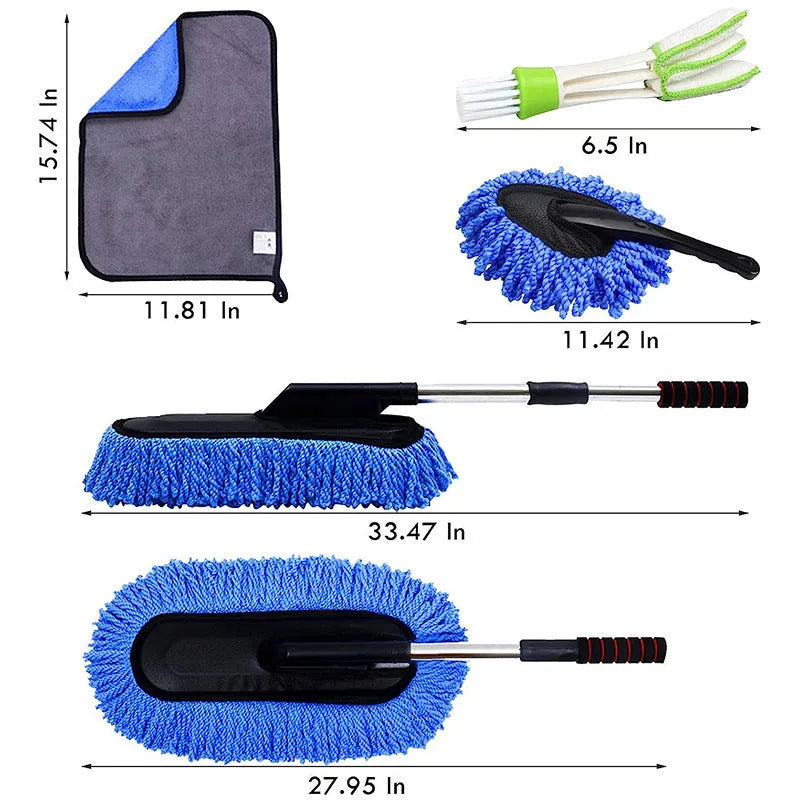 Car dust collector with retractable handle and 5-piece microfiber brush set for car and home cleaning