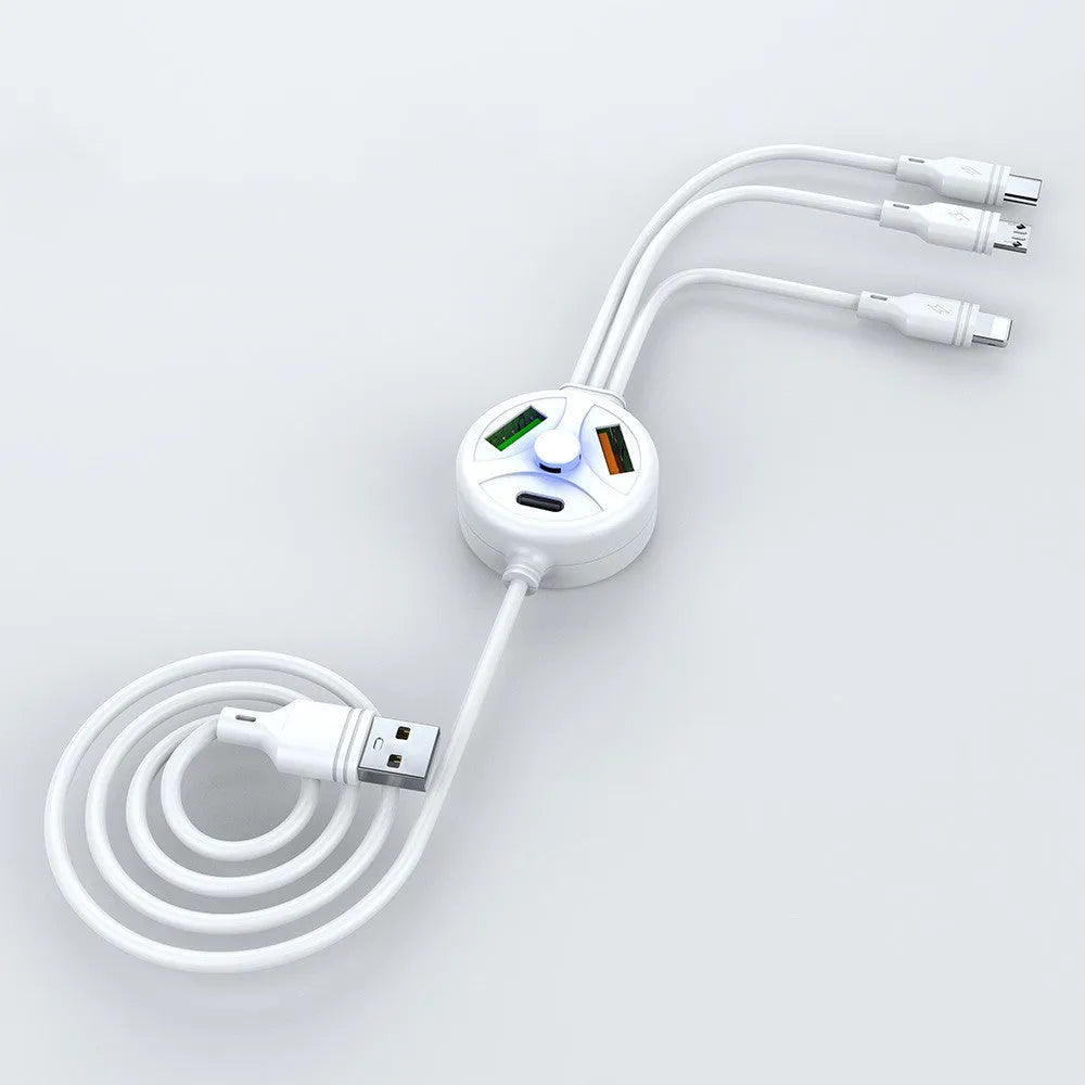PDPVC mobile phone charging cable with 3U interface showing USB, Micro USB, Mini USB and Type-C connectors.