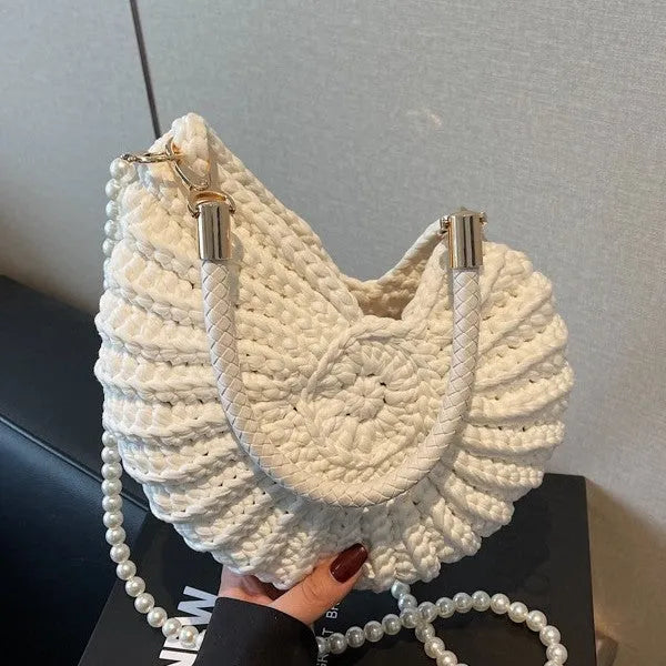 Handmade woven women's shoulder bag in retro style with cloth exterior and open pocket