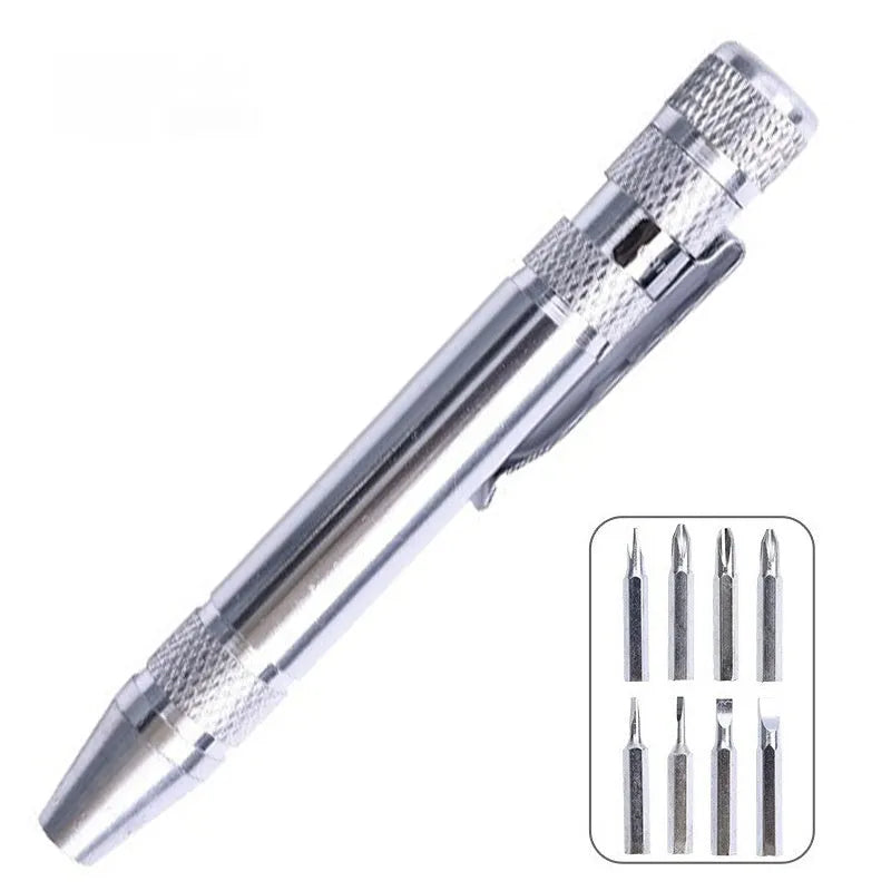 8-in-1 aluminium alloy pen-type screwdriver set with multiple coloured handles and chrome vanadium steel bits