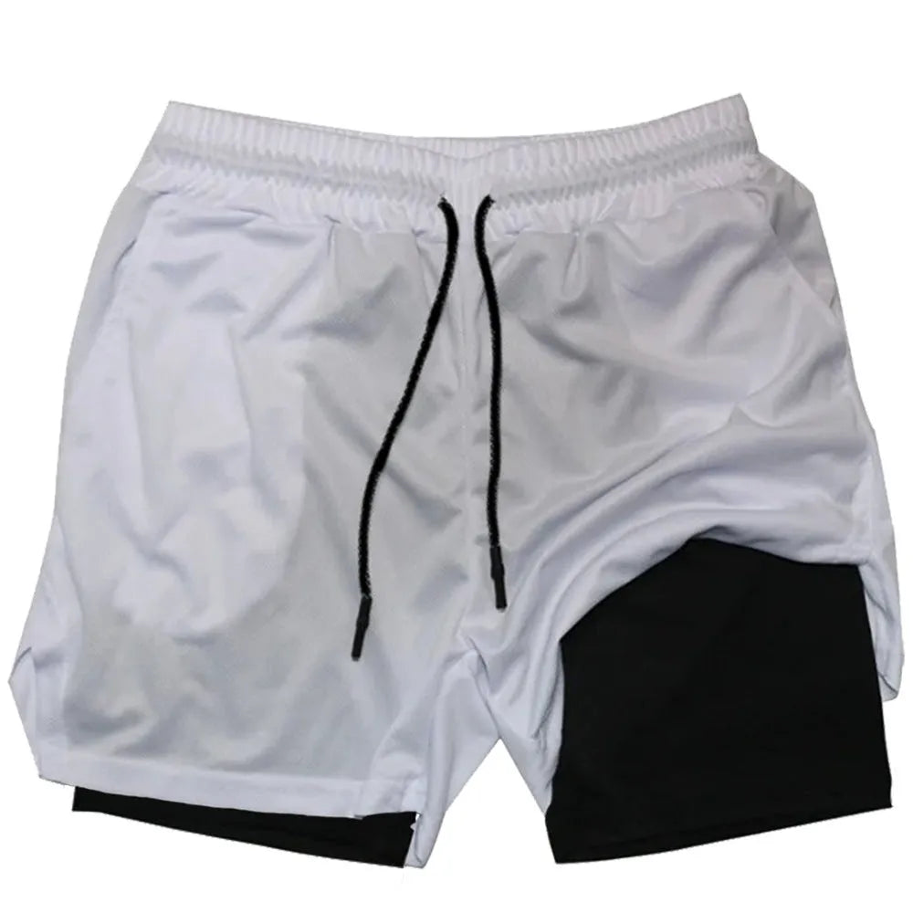 Men's camouflage print double-layer quick-drying sports shorts in various colours on a size chart.