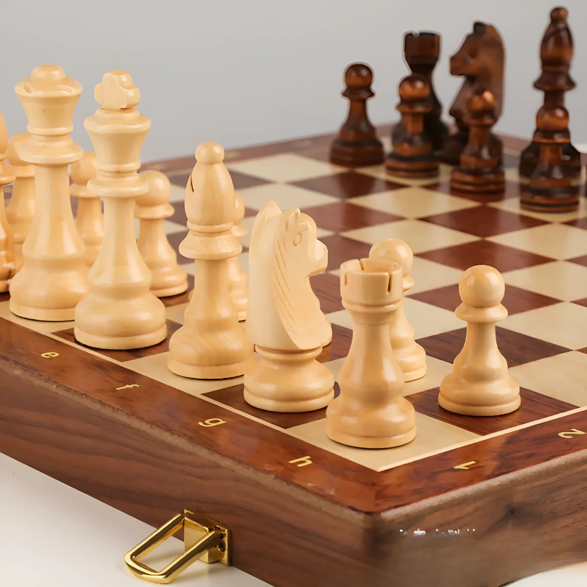 Walnut foldable solid wood chess set with brown pieces and two board size options for children