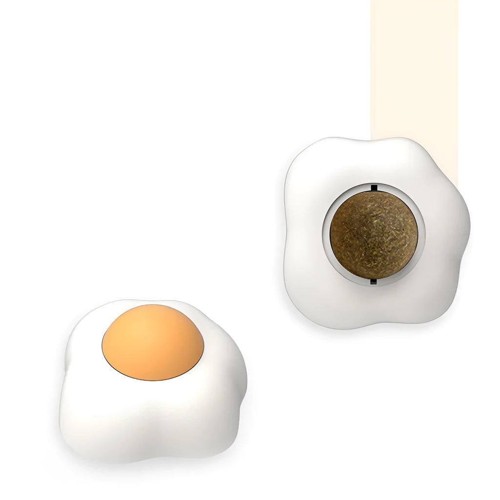 Catnip ball toy with suction cup attached to wall, showing Fried egg and Poached egg shape options