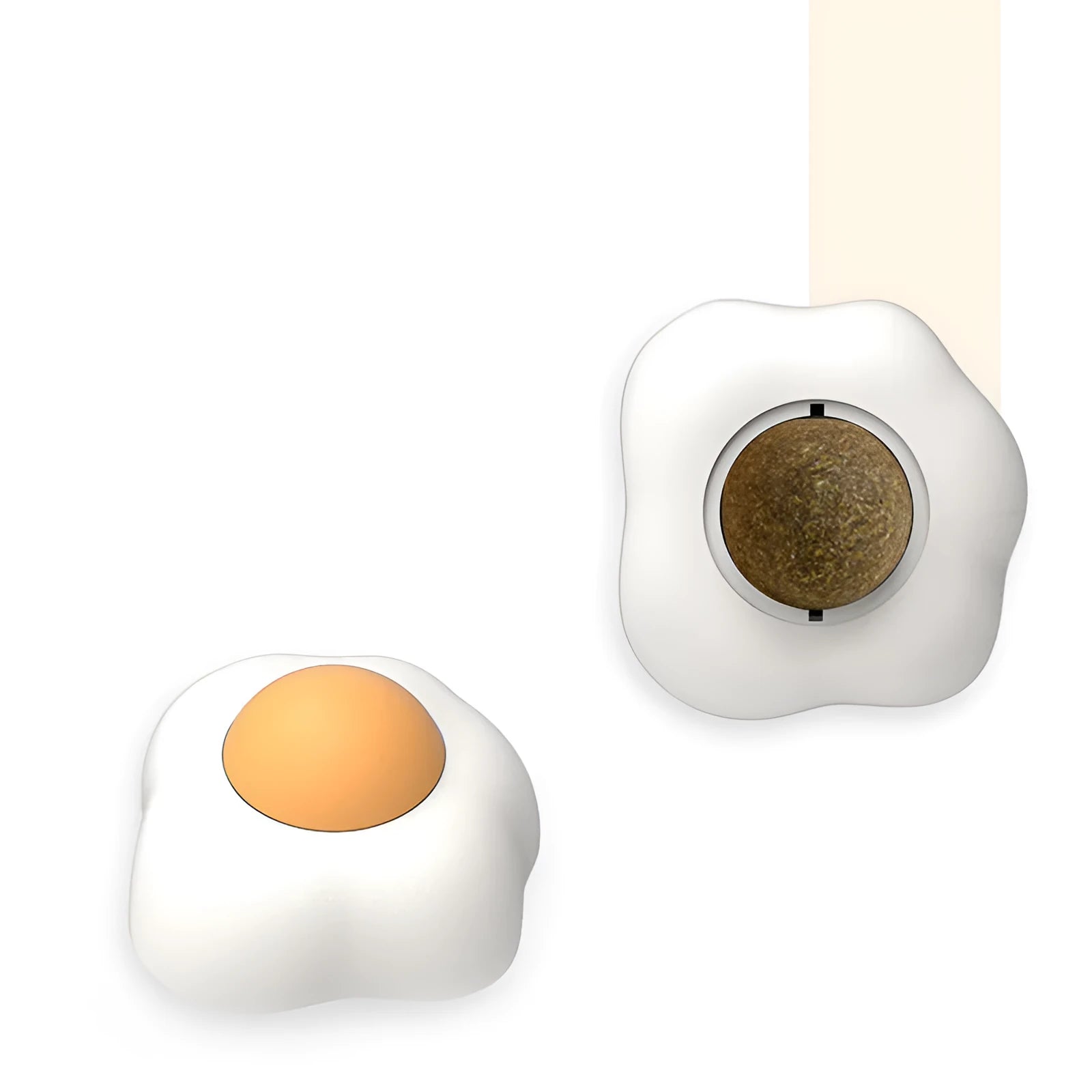 Catnip ball toy with suction cup attached to wall, showing Fried egg and Poached egg shape options