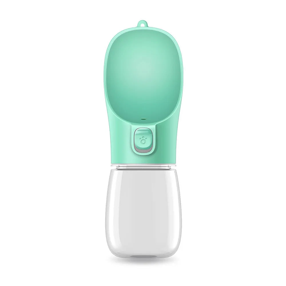 Blue grey portable dog water bottle with foldable drinking bowl extended, showing lock key.