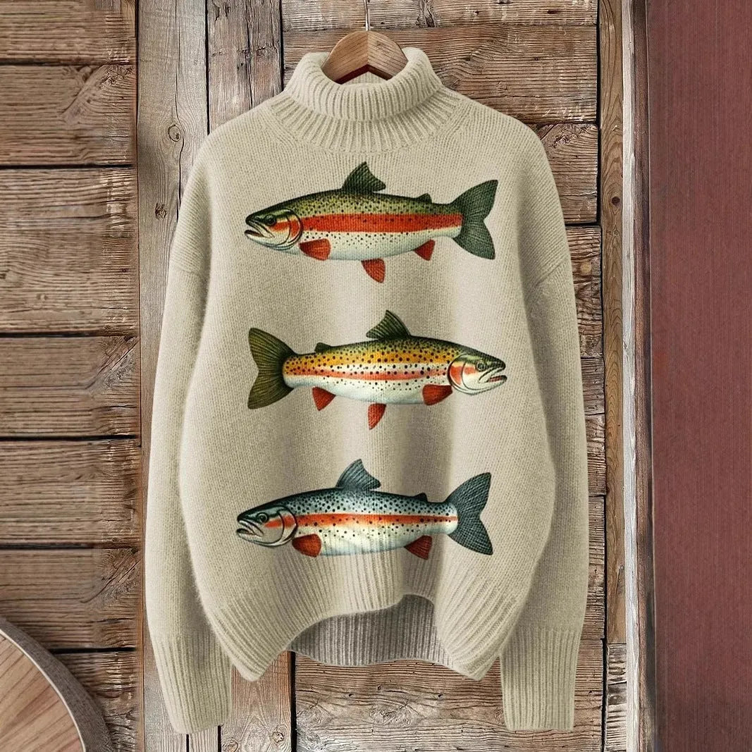 Women's loose-fit Christmas printed turtleneck sweater in a macaron colour with a festive painting design.