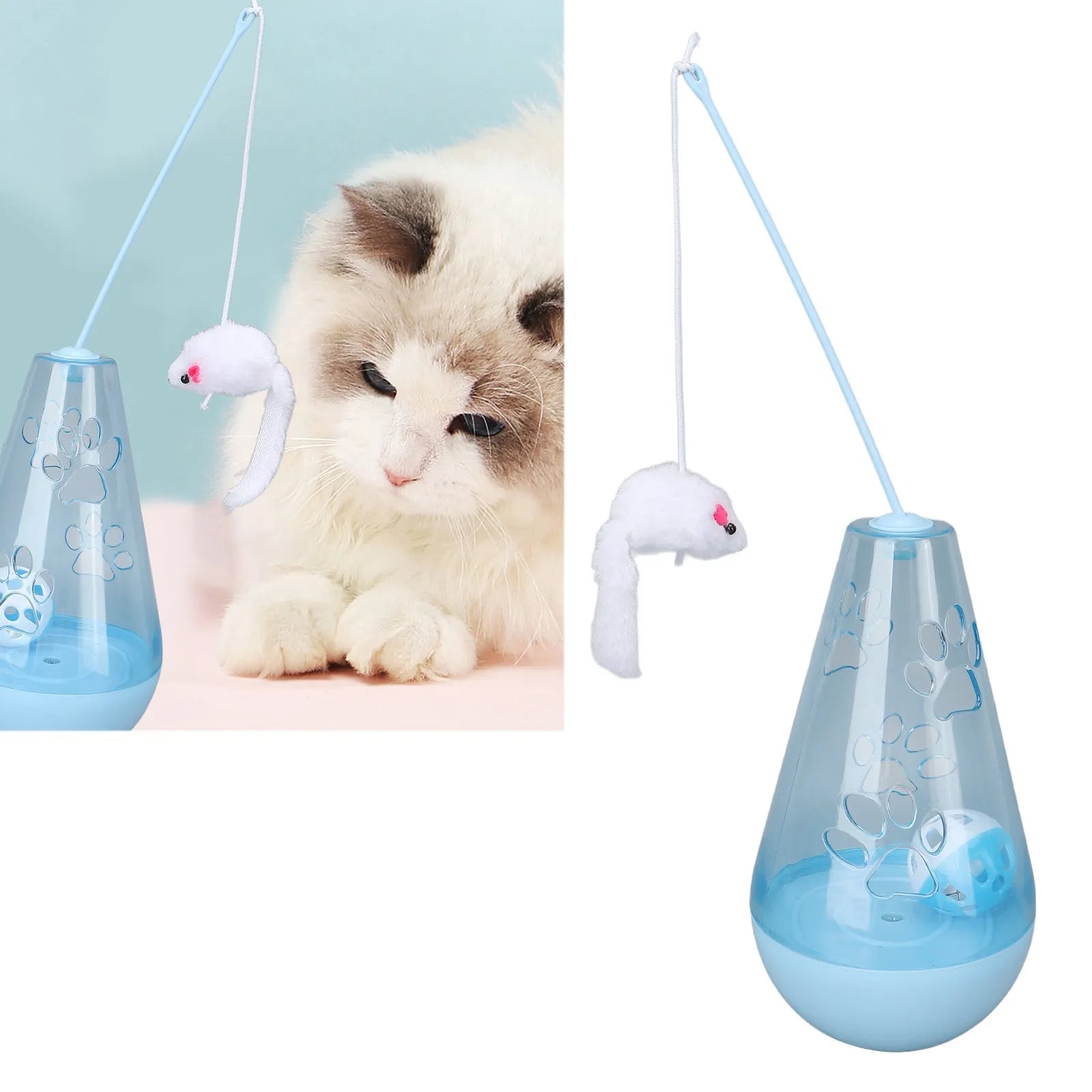 Blue and yellow cat toy with bell ball, treat dispenser, and plush mouse wand for indoor feline play