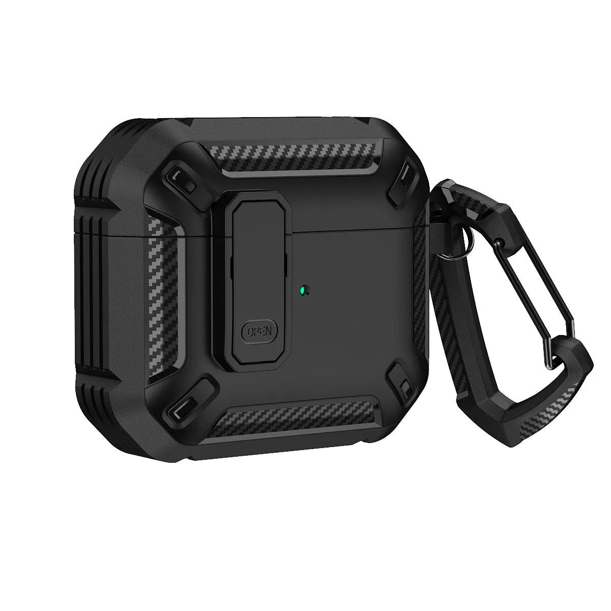 Hard plastic protective shell case with metal hook for Apple AirPods charging case in two-tone black and yellow.