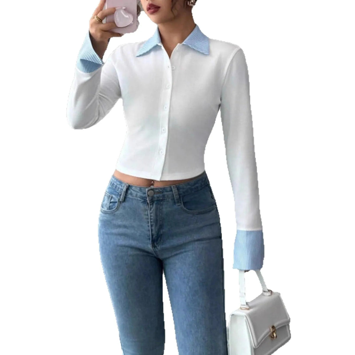 Women's Slimming Lapel Long Sleeve Fake Two-Piece Shirt White Polyester Casual Solid Colour Top Slim Fit Sizes S M L XL 2XL