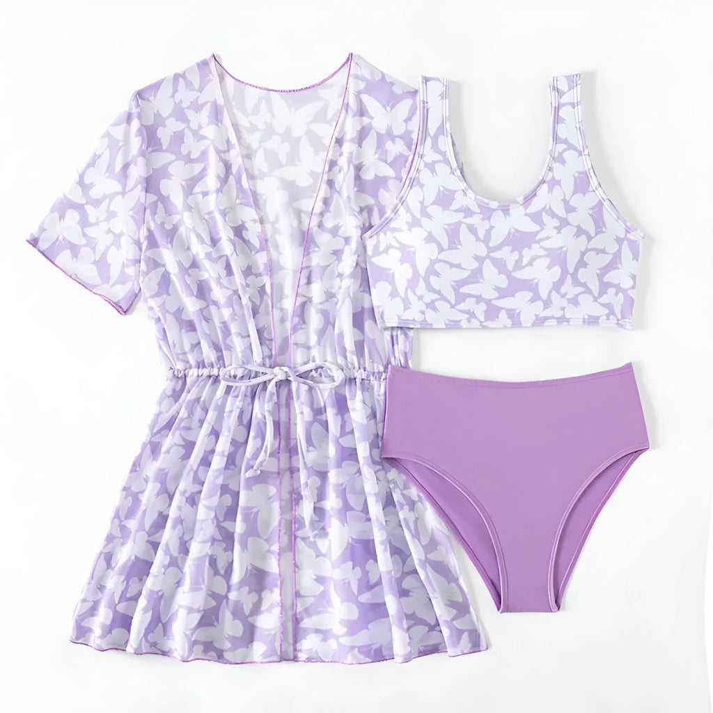 Girls' three-piece polyester swimsuit set in colour 3218, sizes 8Y-12Y.