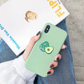Avocado cartoon design on a green TPU back cover case for an Apple iPhone.