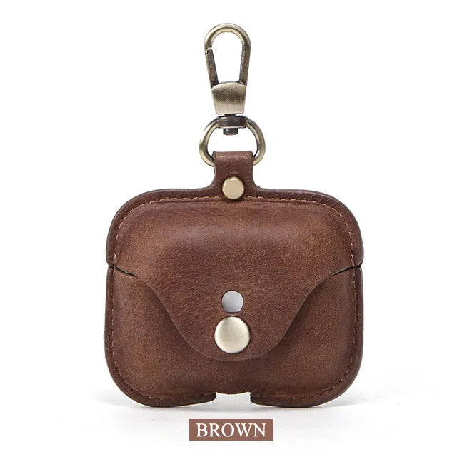 Vintage brown leather clamshell case for Apple AirPods Pro wireless earphones.