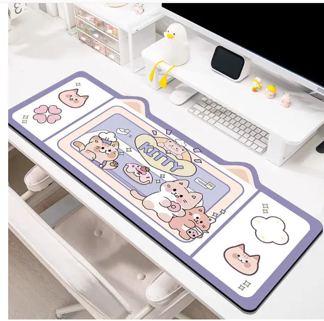 Large solid colour desk pad with natural rubber base shown on a wooden desk, with size options from 20x26cm to 50x100cm.