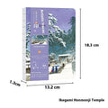Ukiyo-e series hand ledger notebook with Kanagawa wave cover, showing dimensions and open page.