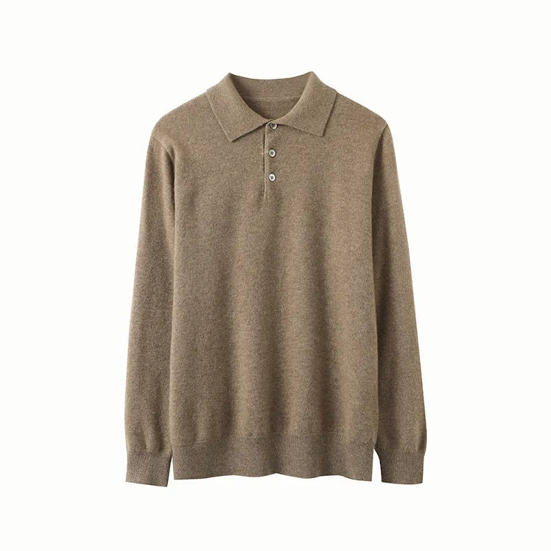 Men's cashmere pullover sweater with polo collar in sapphire blue colour showing loose fit design