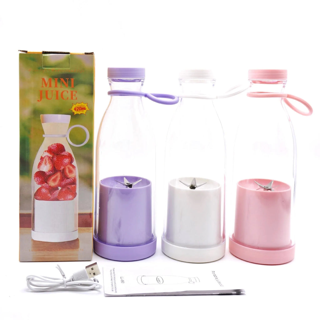 Electric USB wine bottle juicer cup with 6-leaf cutter head, 400ml capacity, white plastic body