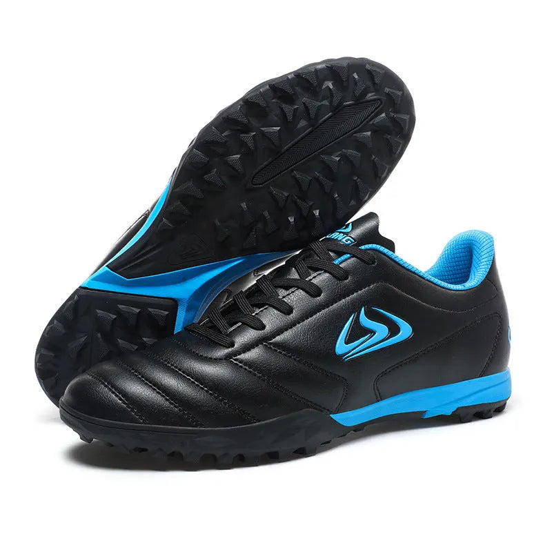 Low-top outdoor soccer shoes in a broken nail colour pattern with a rubber sole and lace-up front.