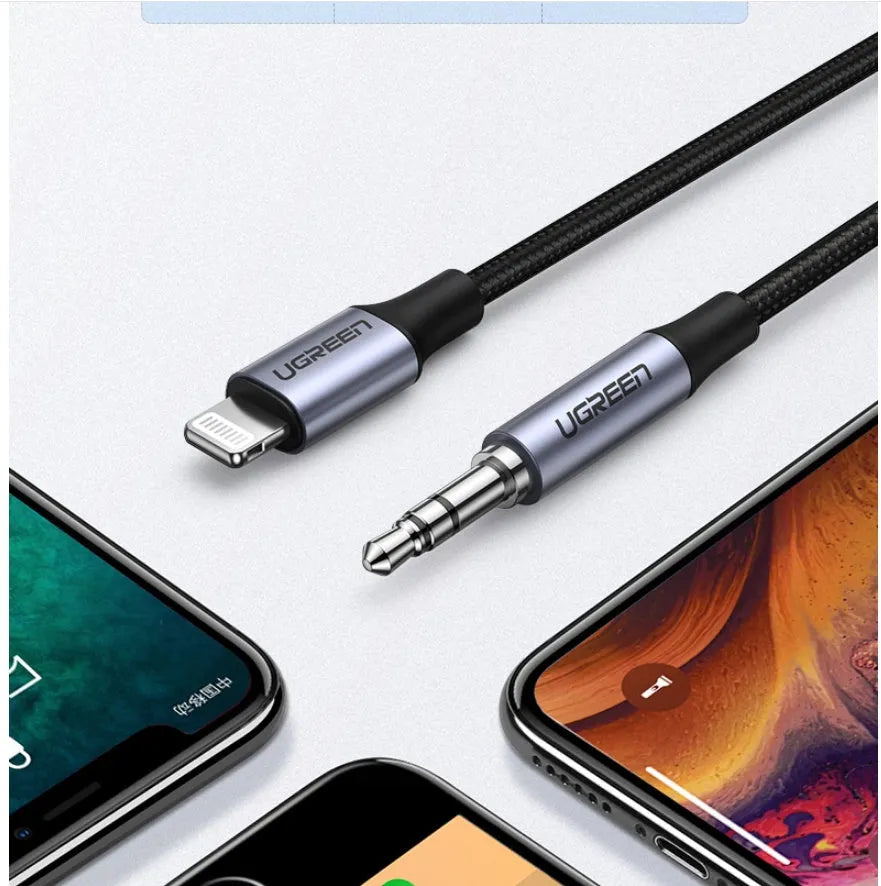 Black Lightning to 3.5mm audio adapter cable with shiny silk braid and aluminium connectors for car stereo connection