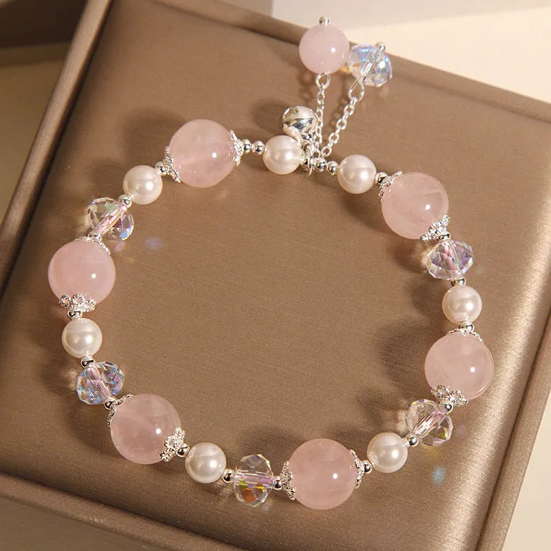 Natural pink crystal bracelet for women with pearl and bell accent, Japanese Korean style