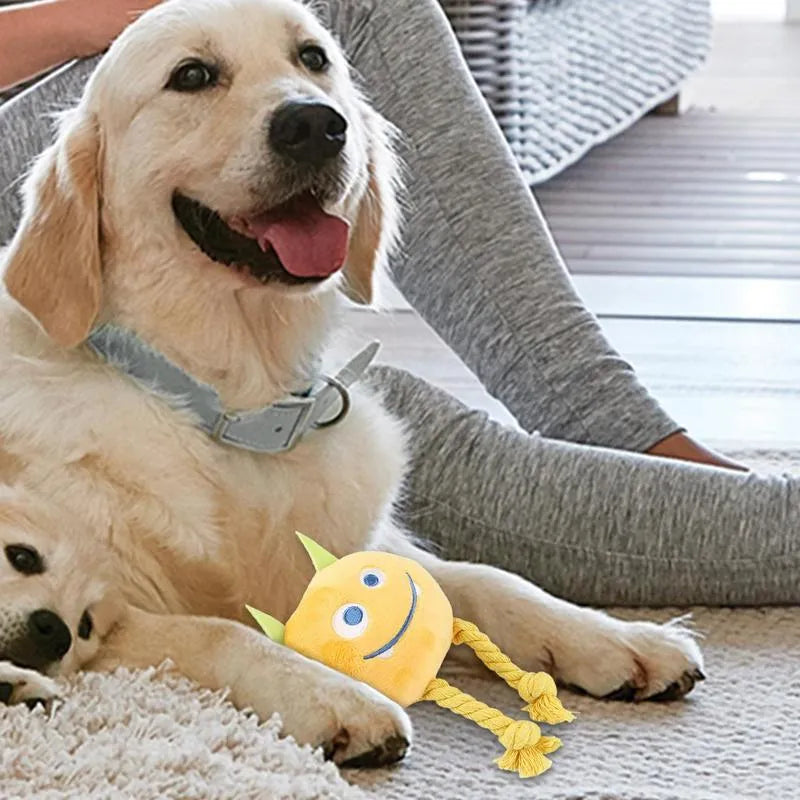 Yellow and blue knotted rope dog squeaky toy with cotton construction
