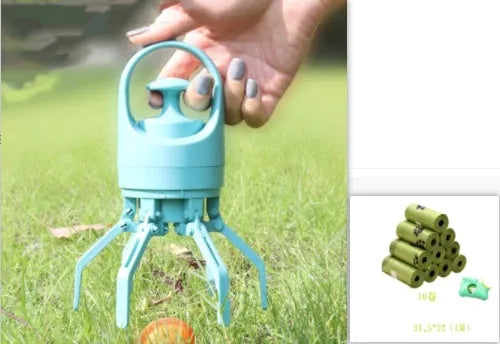 Blue portable dog pooper scooper with claw mechanism and built-in bag dispenser