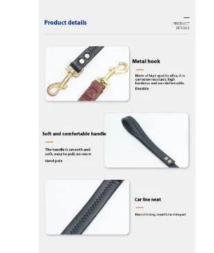 Black PU leather dog traction belt with metal chain ring on a wooden surface.