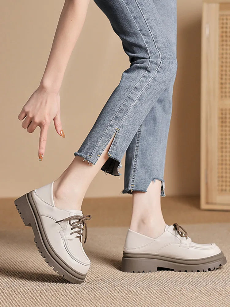 Deep cut thick heel lace-up shoes for women in apricot colour with 5cm heel and superfine fibre upper