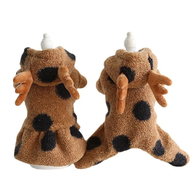 Polka dot pet dog clothes with elk couple design in skirt and four-leg styles on a mannequin.