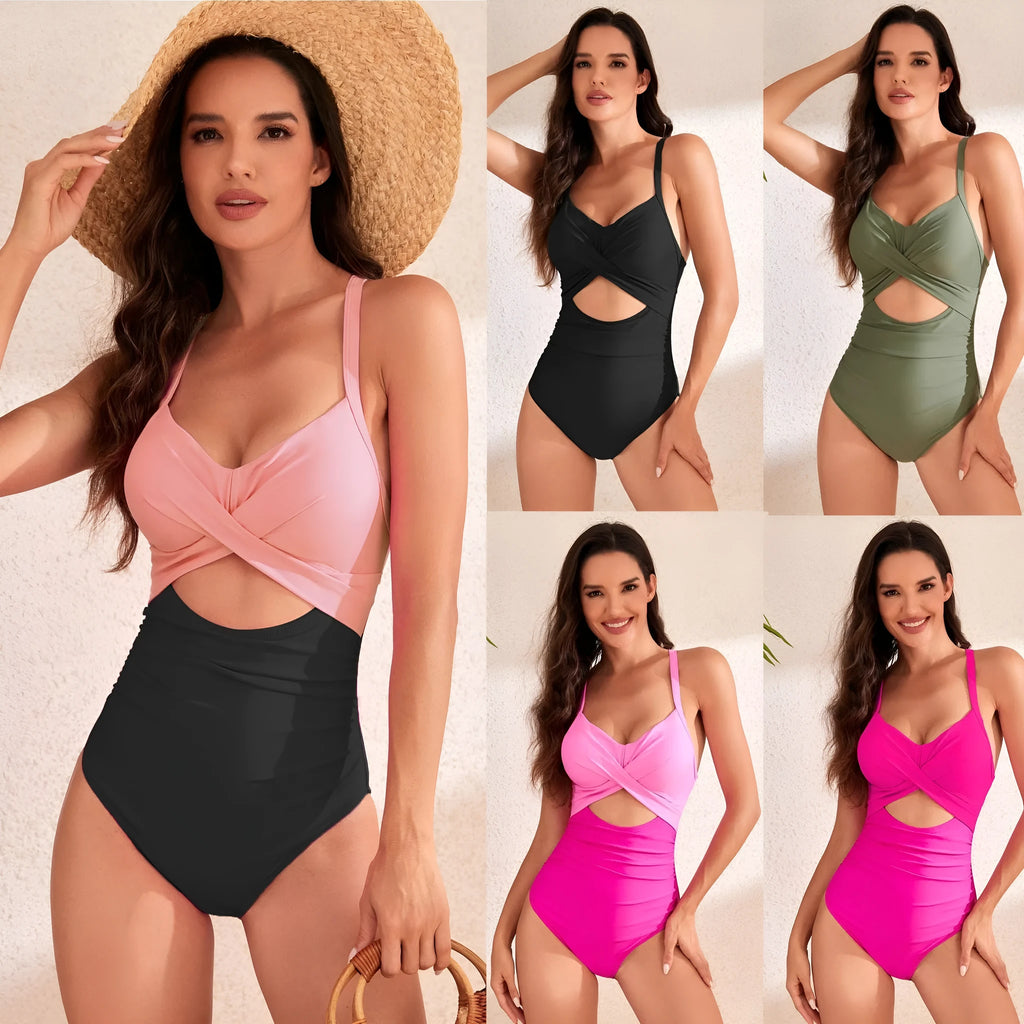 Women's solid colour high waist one-piece swimsuit on a hanger.