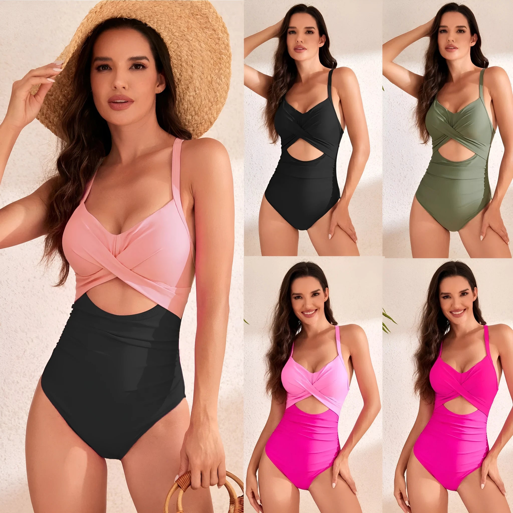 Women's solid colour high waist one-piece swimsuit on a hanger.