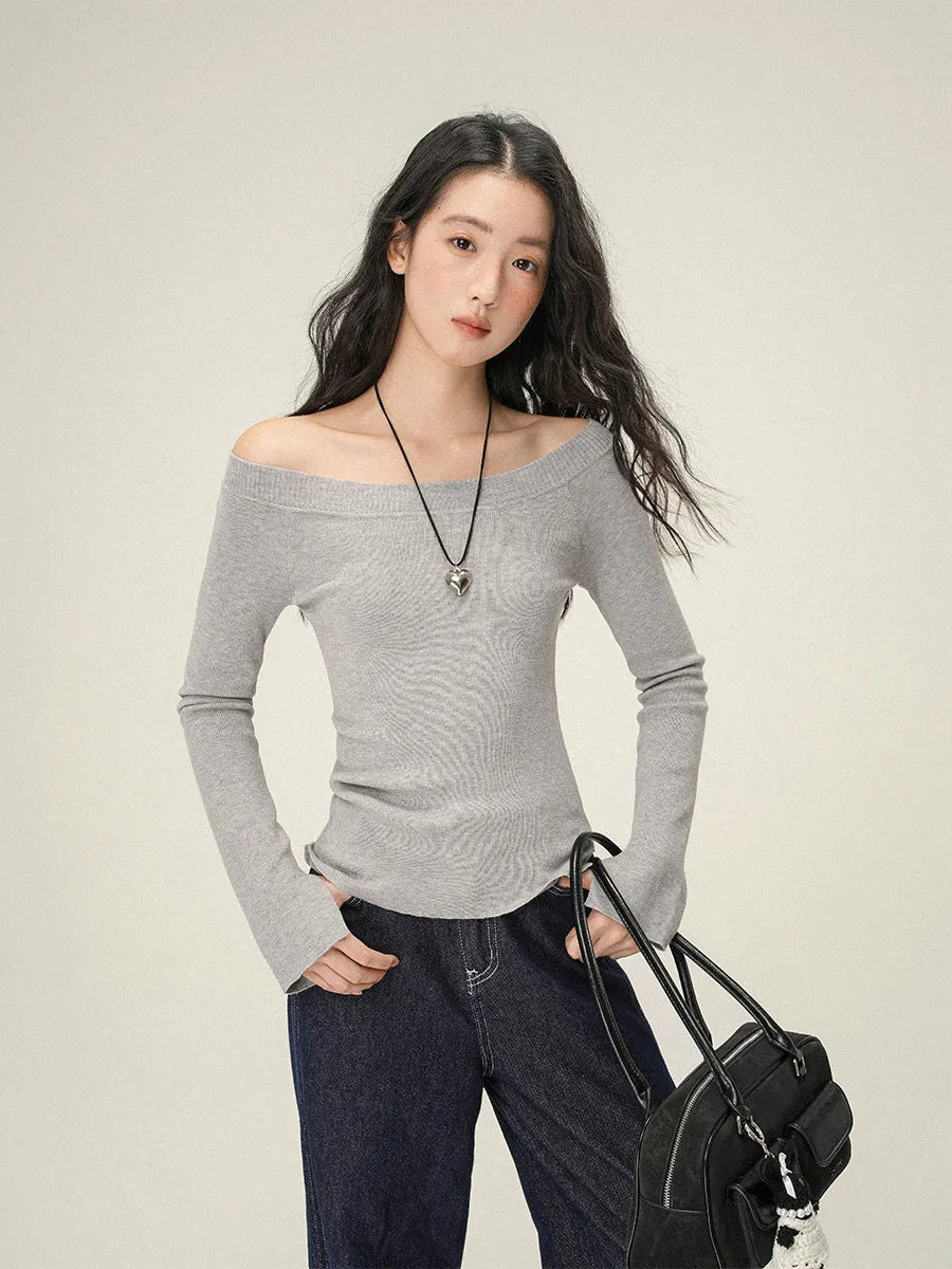 Pure Desire women's soft knit oblique angle shoulder pullover sweater in solid colour, slim fit, short length