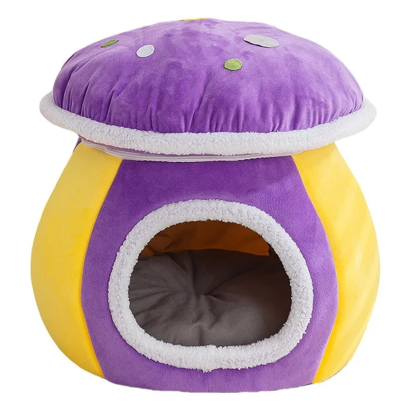 Grey mushroom-shaped plush cat nest bed for pets on a white background.